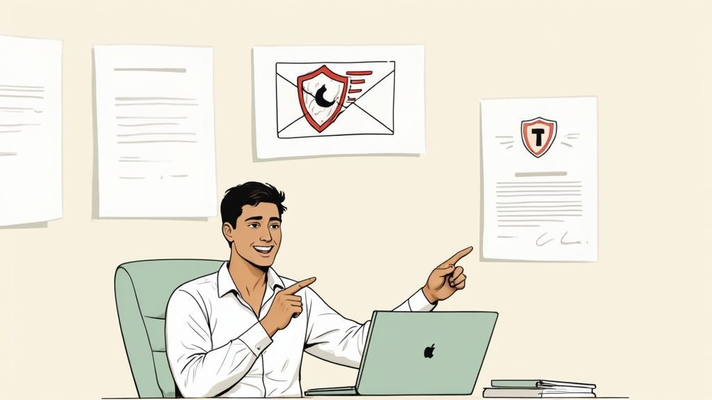 A cheerful man points to wall-mounted documents, including secure email and IT security guidelines.