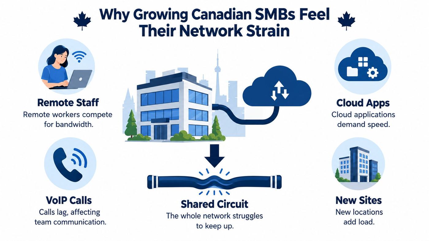 An infographic illustrating four primary reasons why growing Canadian small businesses experience significant network strain and connectivity issues.