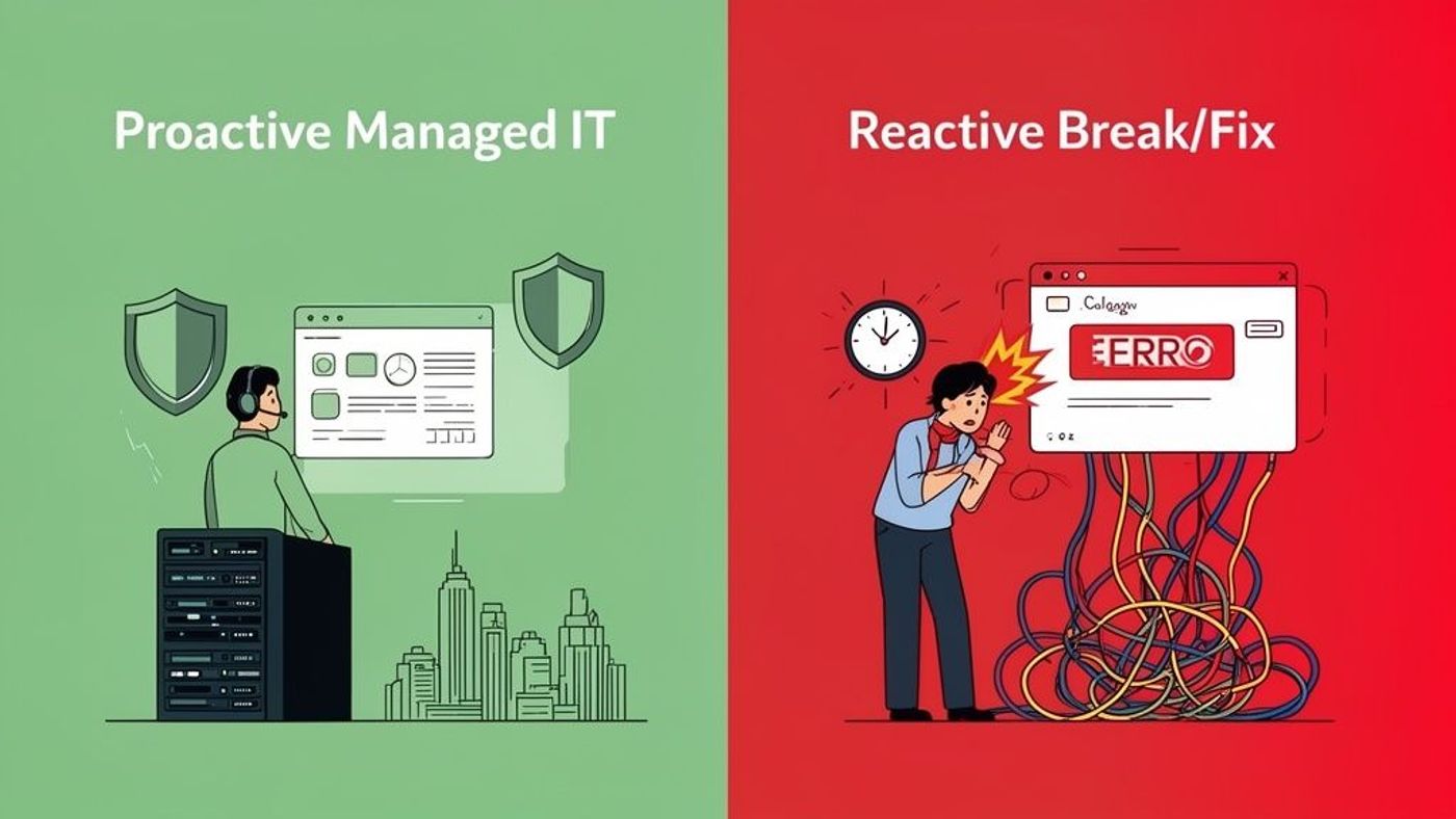 An illustration comparing proactive managed IT (calm monitoring) with reactive break/fix IT (stressed error fixing).