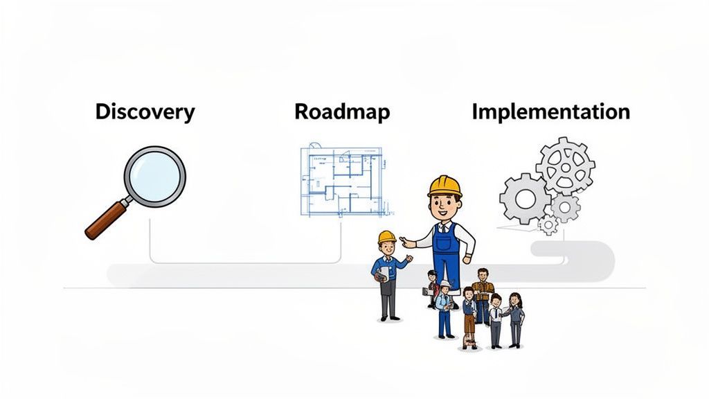 Process flow showing discovery, roadmap, and implementation phases with a magnifying glass, blueprint, gears, and diverse teams.