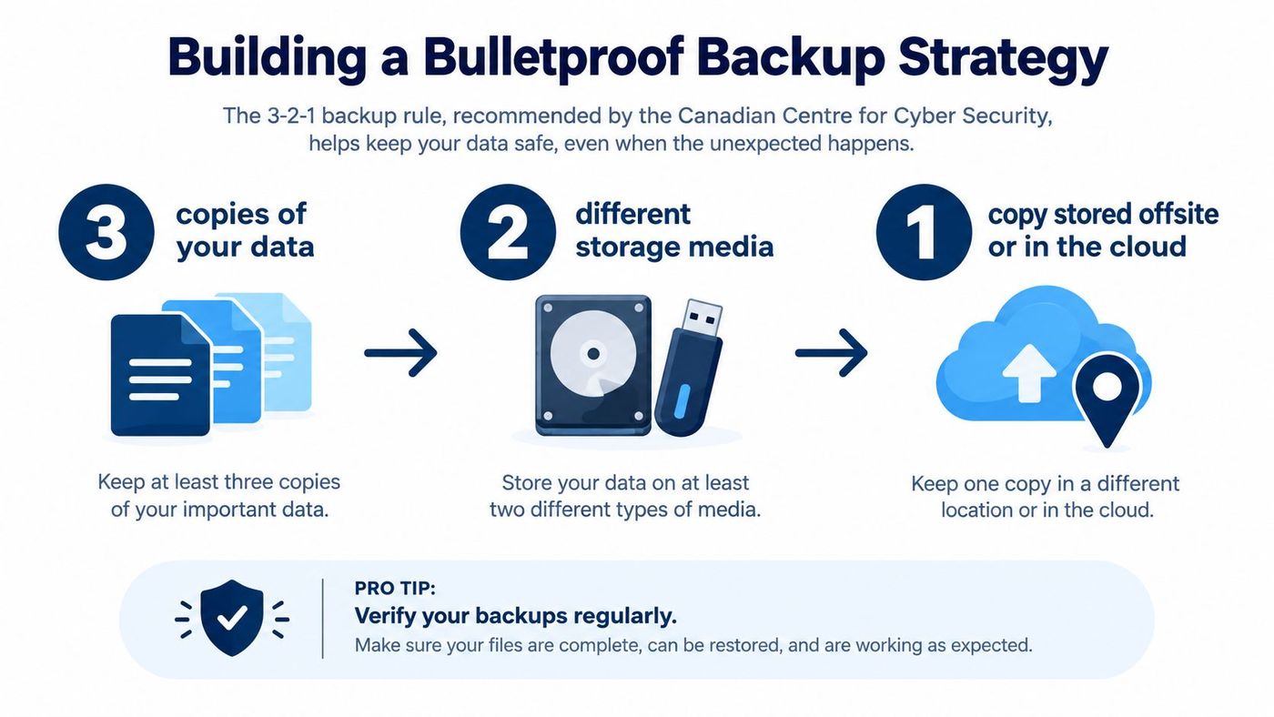 An infographic explaining the 3-2-1 backup rule for data security and safe storage practices.