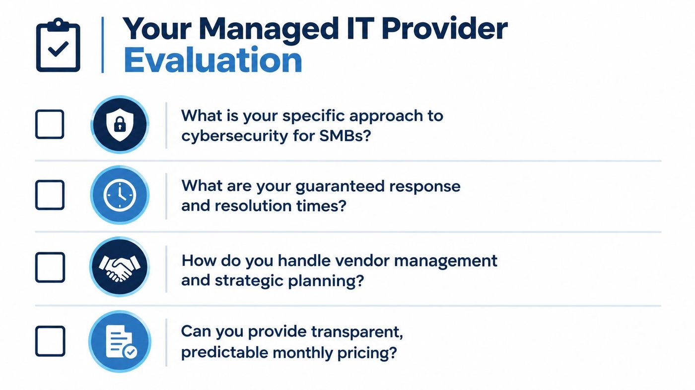 A checklist titled Your Managed IT Provider Evaluation detailing four critical questions to ask IT firms.