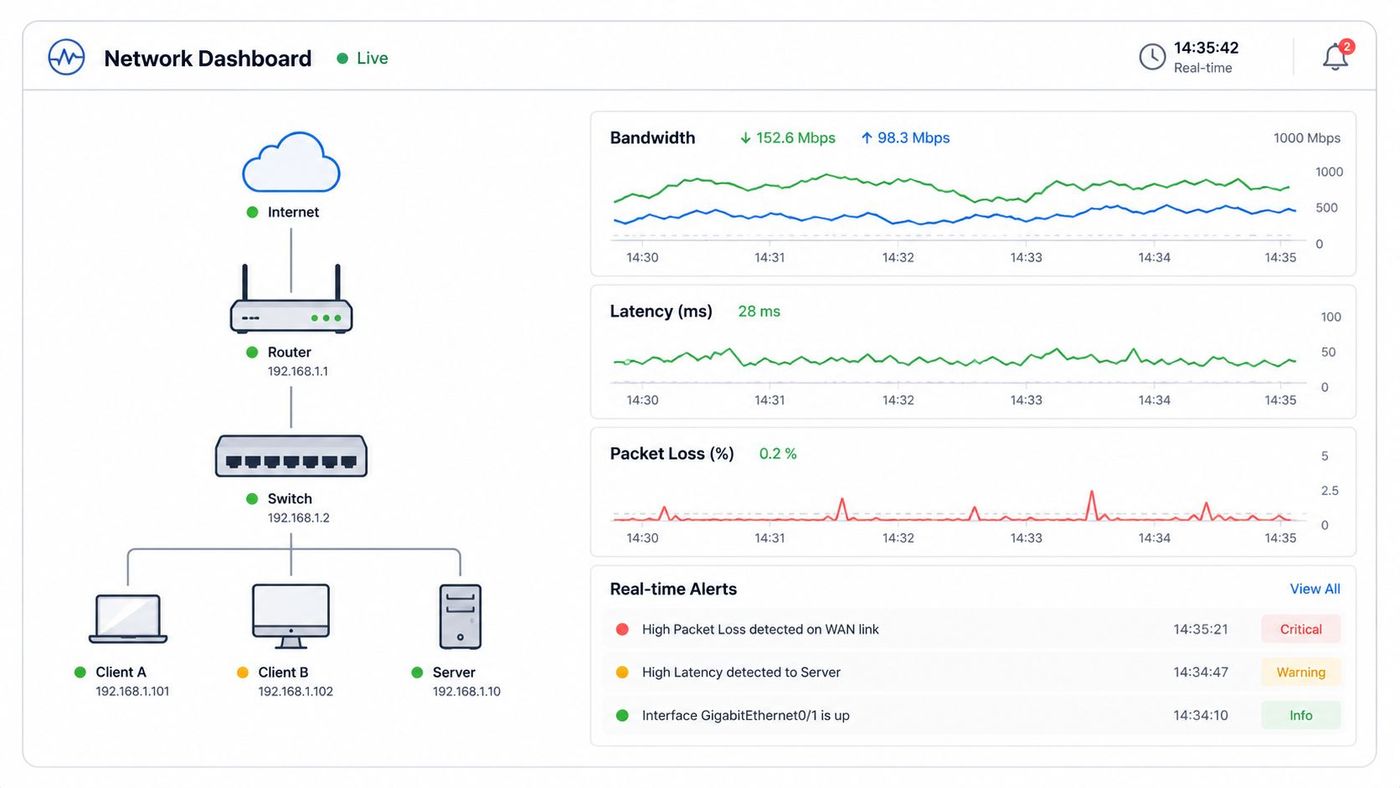 A digital network dashboard displaying real-time monitoring of bandwidth, latency, packet loss, and status alerts for infrastructure devices.