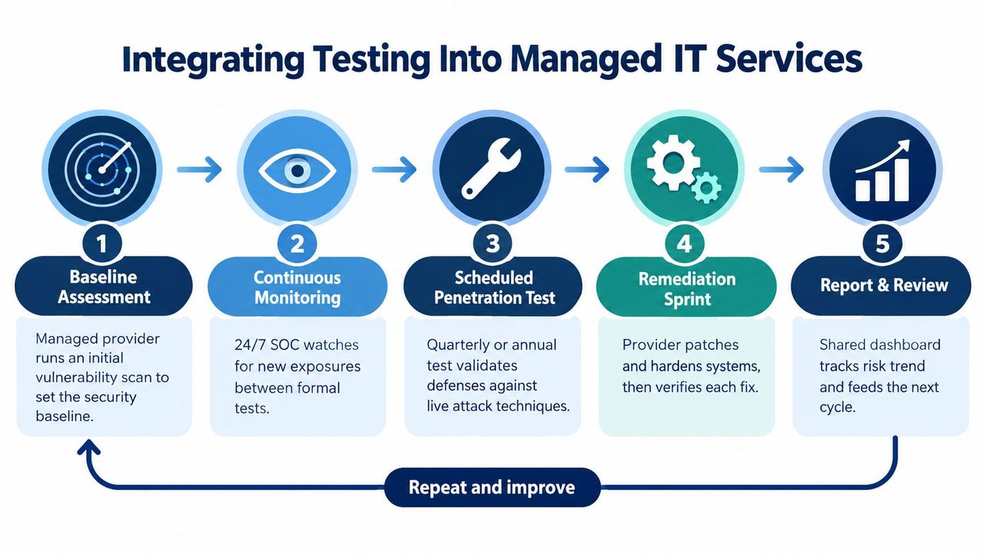 A five-step flowchart illustrating the process of integrating security testing into managed IT services for organizations.
