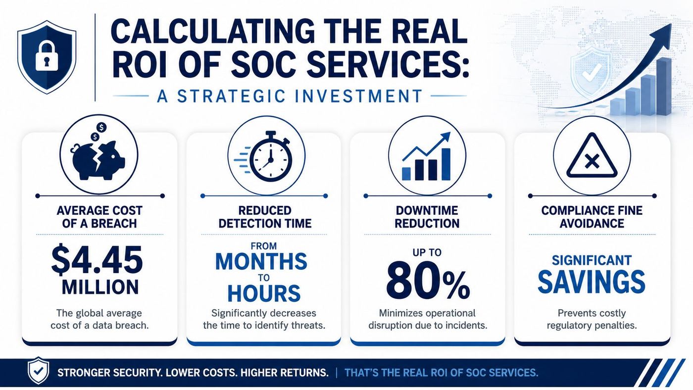 An infographic showing the financial benefits and cost-saving advantages of investing in security operations center services.