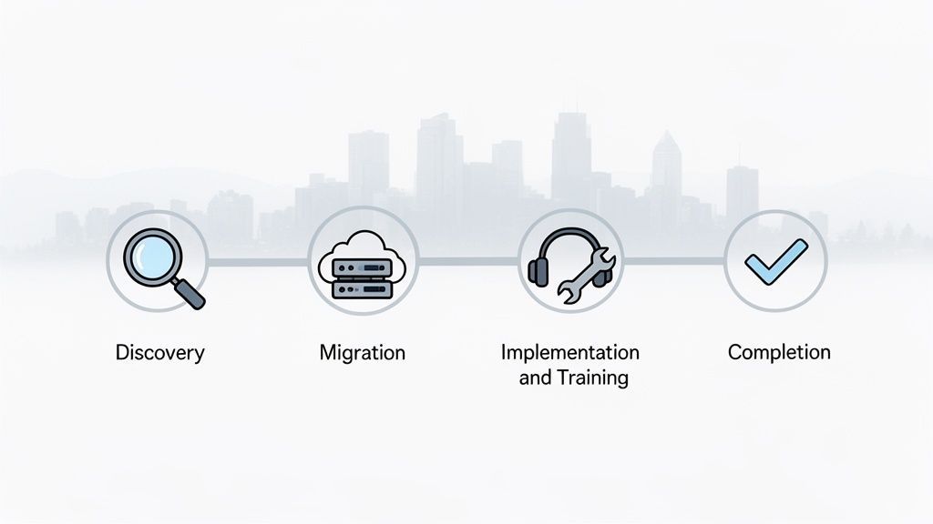 A four-step process diagram: Discovery, Migration, Implementation and Training, and Completion with icons.