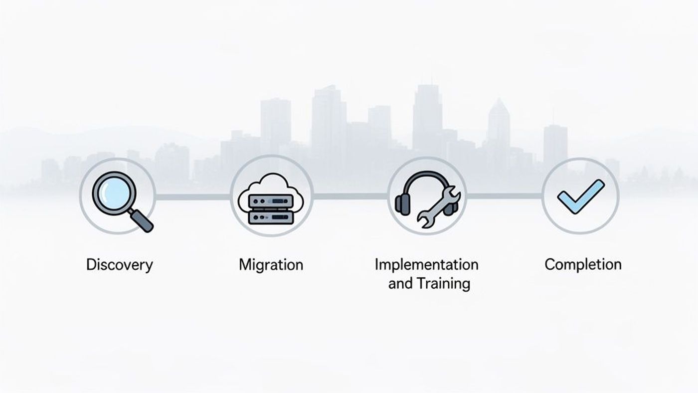 A four-step process diagram: Discovery, Migration, Implementation and Training, and Completion with icons.