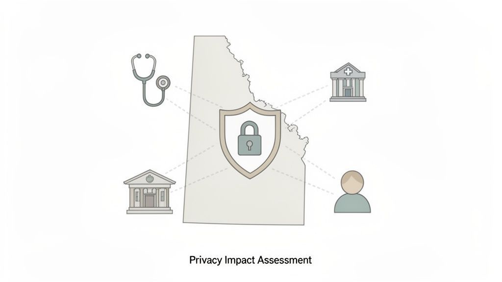 Illustration depicting a privacy impact assessment for data protection across Alberta, connecting healthcare, government, and individuals.