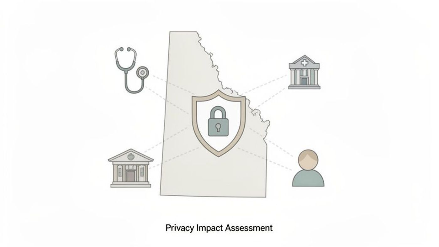 Illustration depicting a privacy impact assessment for data protection across Alberta, connecting healthcare, government, and individuals.