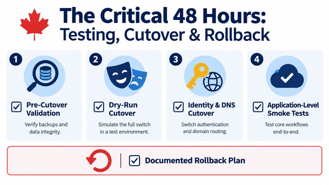 A four-step infographic illustrating the essential phases for a successful cloud migration cutover and testing process.
