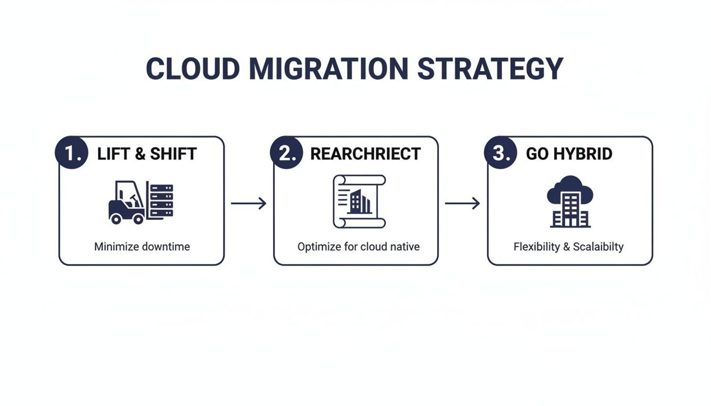 A diagram illustrating a three-step cloud migration strategy: Lift & Shift, Rearchitect, and Go Hybrid.