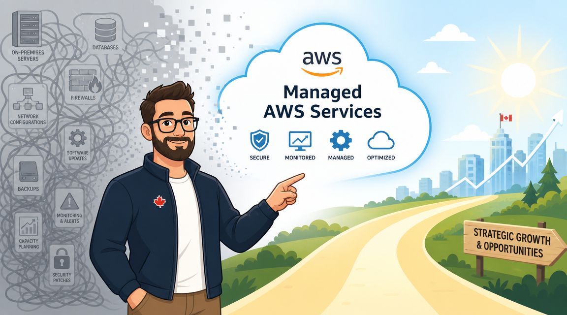 A professional explaining the benefits of AWS managed services for business growth and infrastructure modernization.