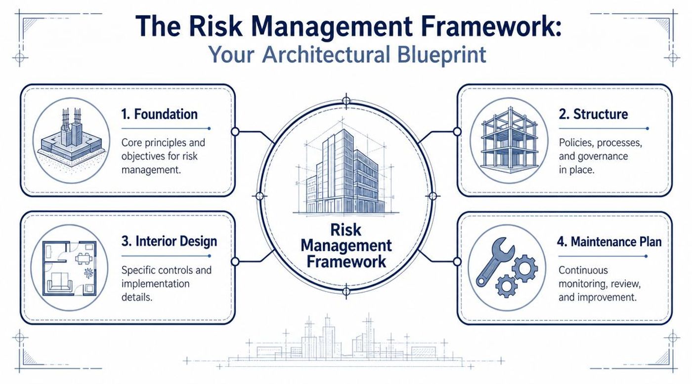 A diagram titled The Risk Management Framework depicting four stages like building construction: Foundation, Structure, Interior Design, and Maintenance.