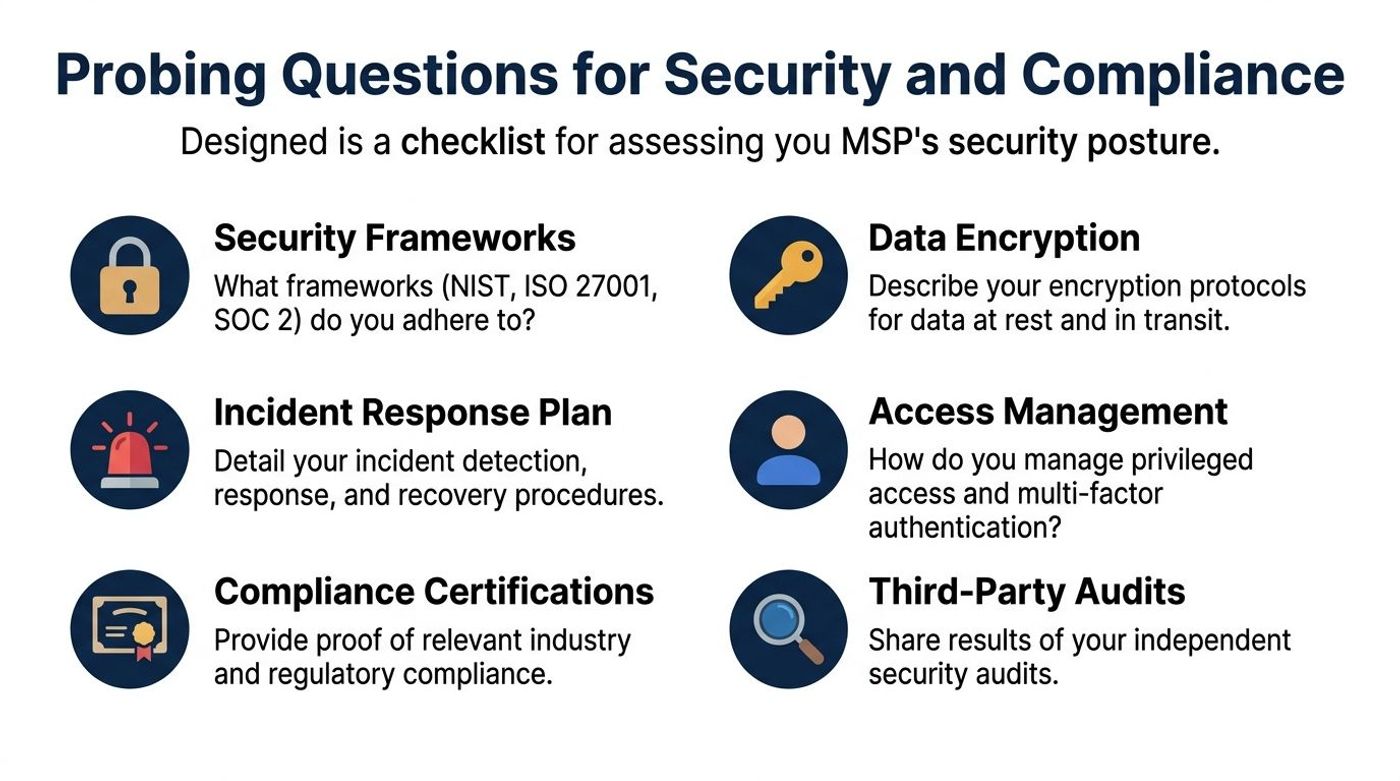 A checklist of six critical security and compliance questions for evaluating a managed service provider's security posture.