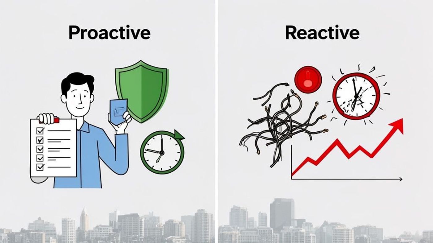 Illustration contrasting proactive planning, security, and time management with reactive chaos and rising problems.