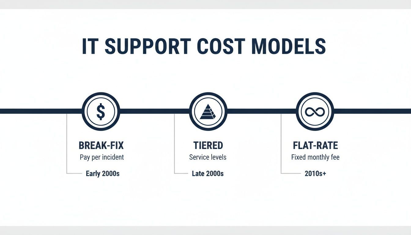 Infographic showing three IT support cost models: Break-Fix, Tiered, and Flat-Rate with their descriptions and timelines.