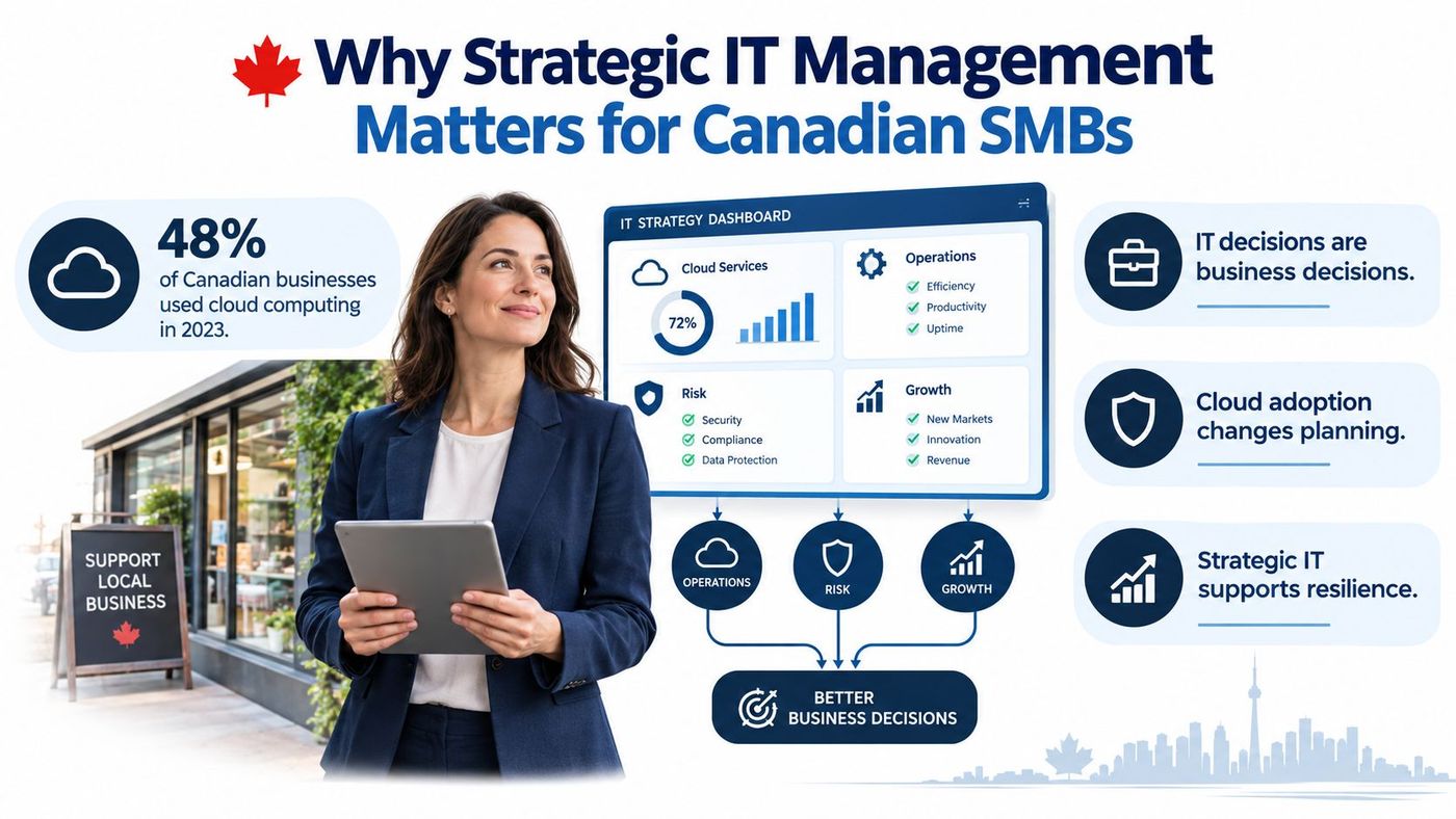 A professional woman holding a tablet in front of an infographic about strategic IT management for businesses.