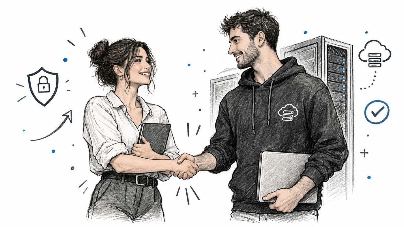 A professional man and woman shaking hands in a data center setting, symbolizing cloud collaboration and security.