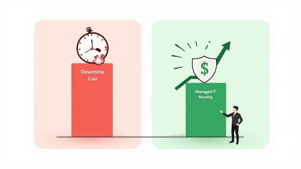 Illustration comparing high downtime costs (red bar) with the protective and growing value of managed IT services (green bar).