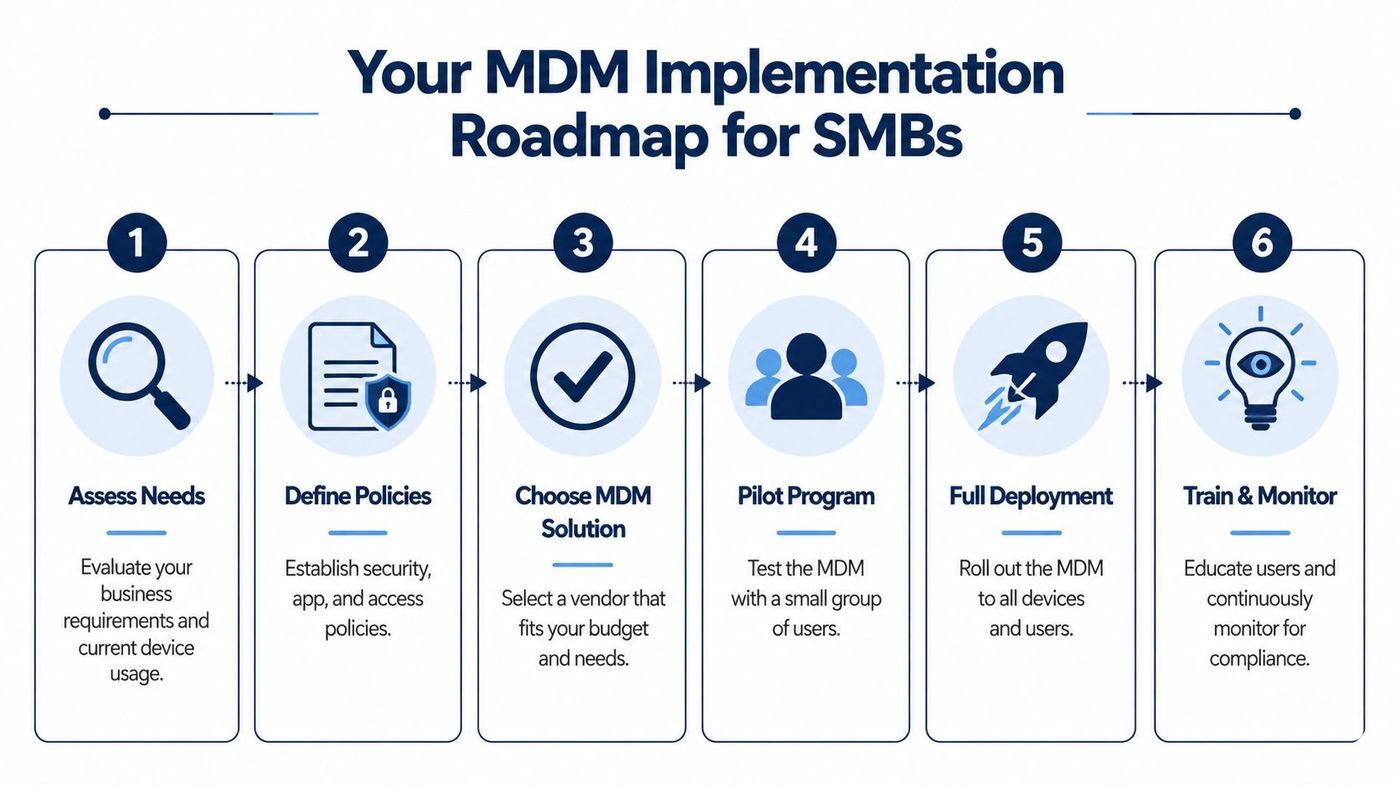 A six-step roadmap infographic for small businesses to successfully implement mobile device management solutions.