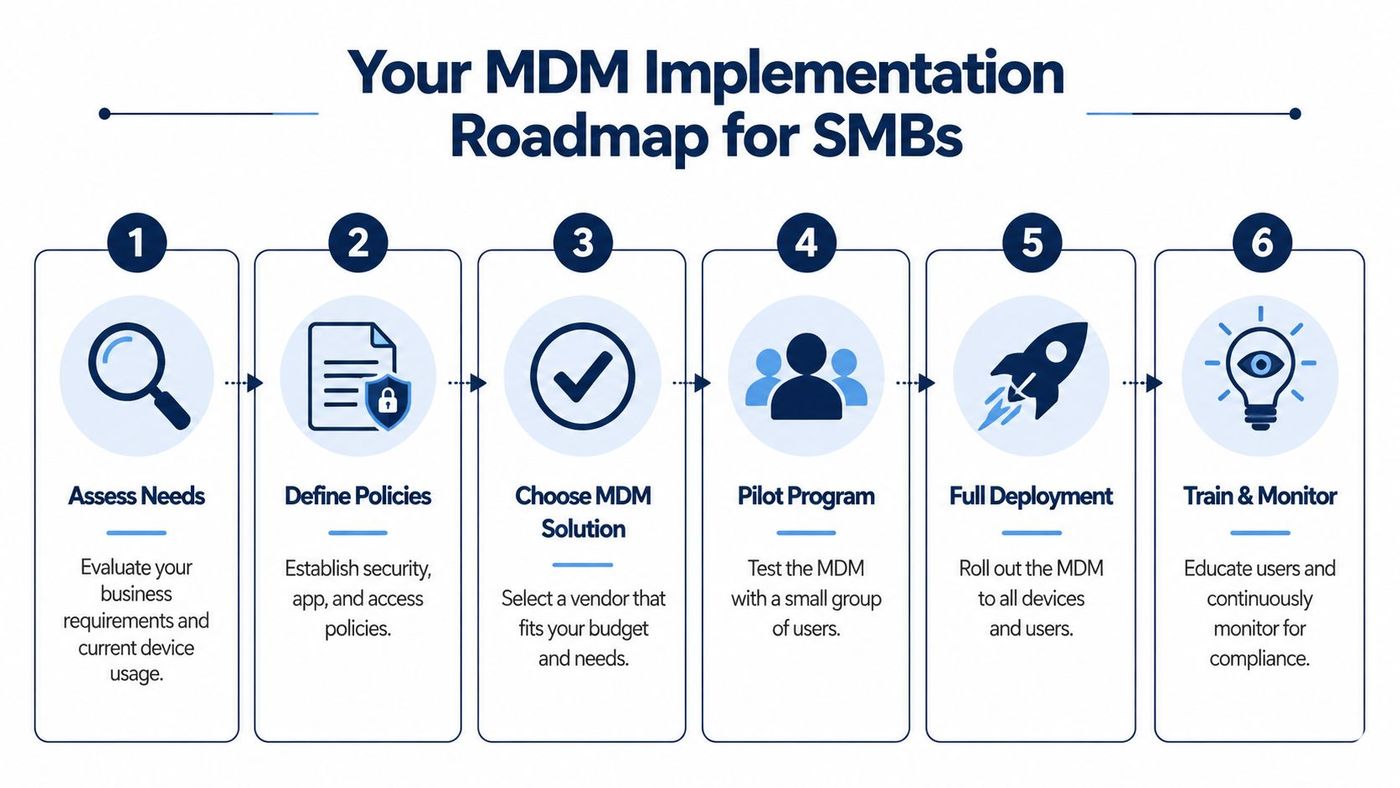 A six-step roadmap infographic for small businesses to successfully implement mobile device management solutions.