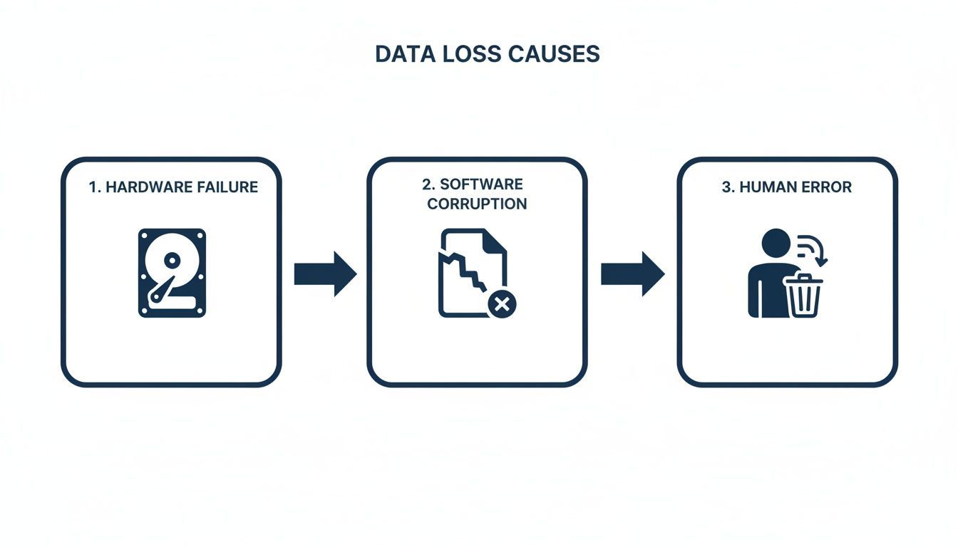 A diagram illustrates three primary data loss causes: hardware failure, software corruption, and human error.