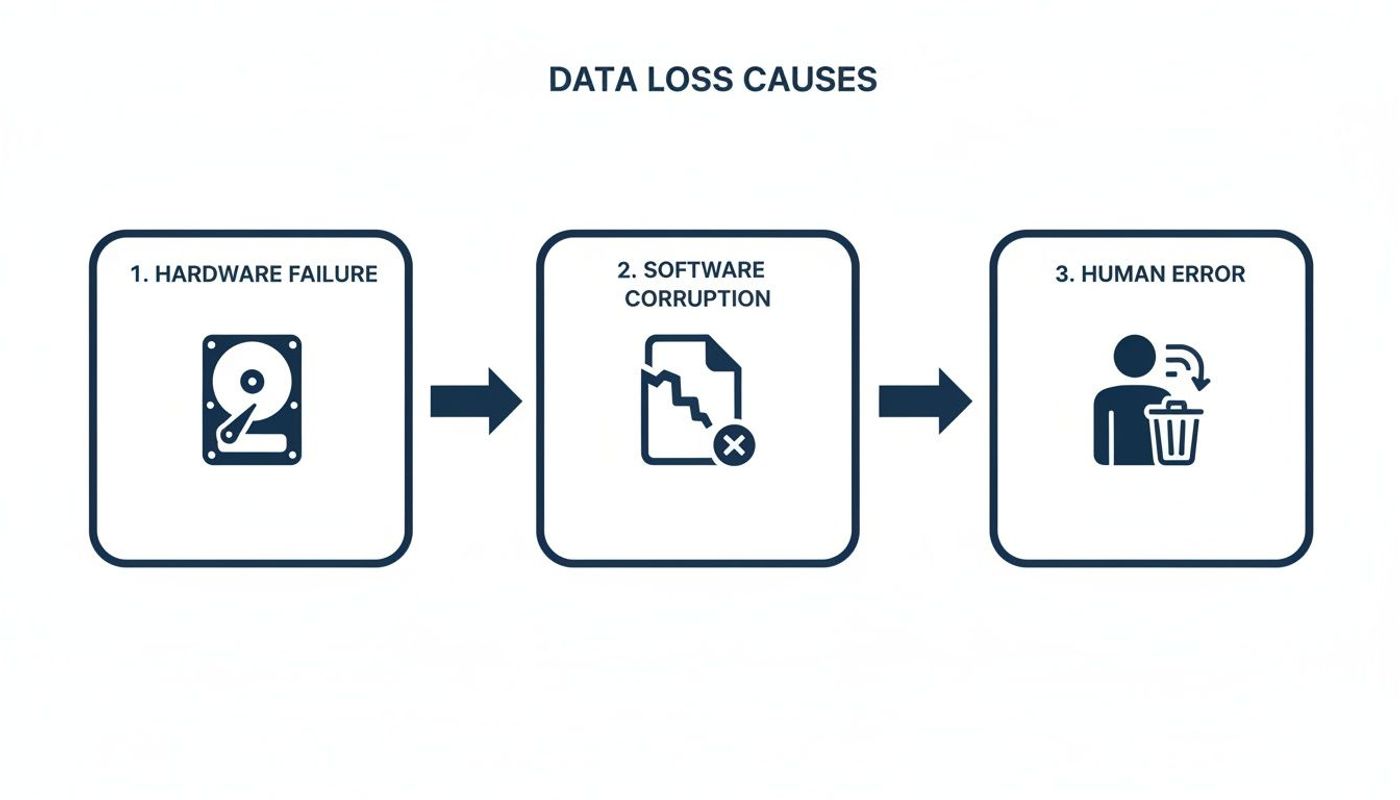 A diagram illustrates three primary data loss causes: hardware failure, software corruption, and human error.
