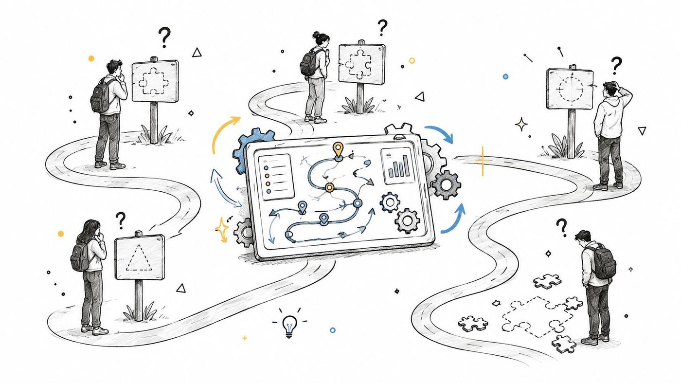 A hand-drawn illustration depicting a digital transformation roadmap with people standing at crossroads solving complex puzzle problems.