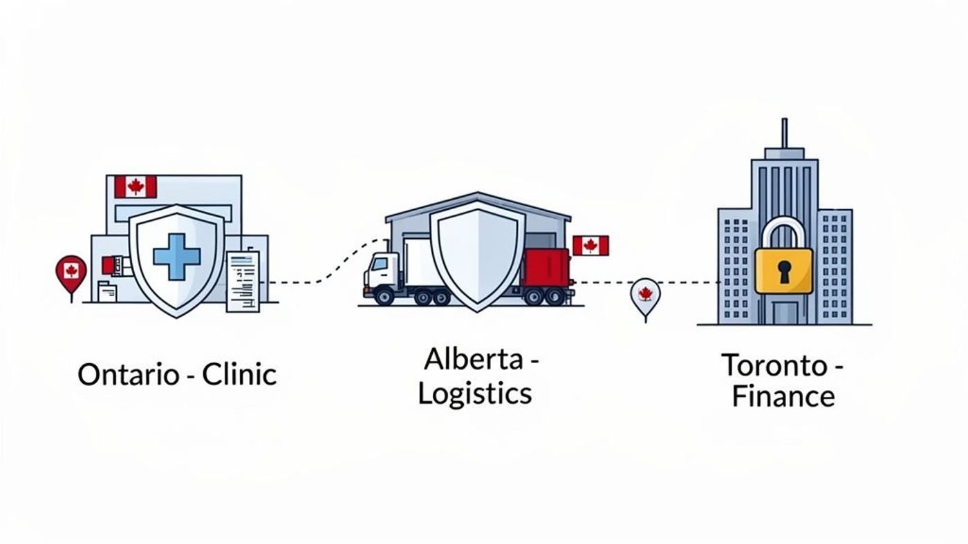 Canadian data flow diagram connecting Ontario clinic, Alberta logistics, and Toronto finance with security icons.