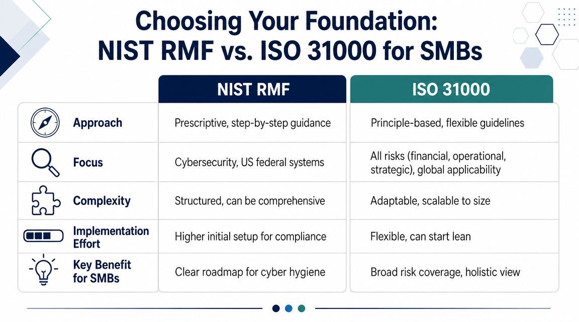 A comparison table outlining the key differences between NIST RMF and ISO 31000 risk management frameworks.