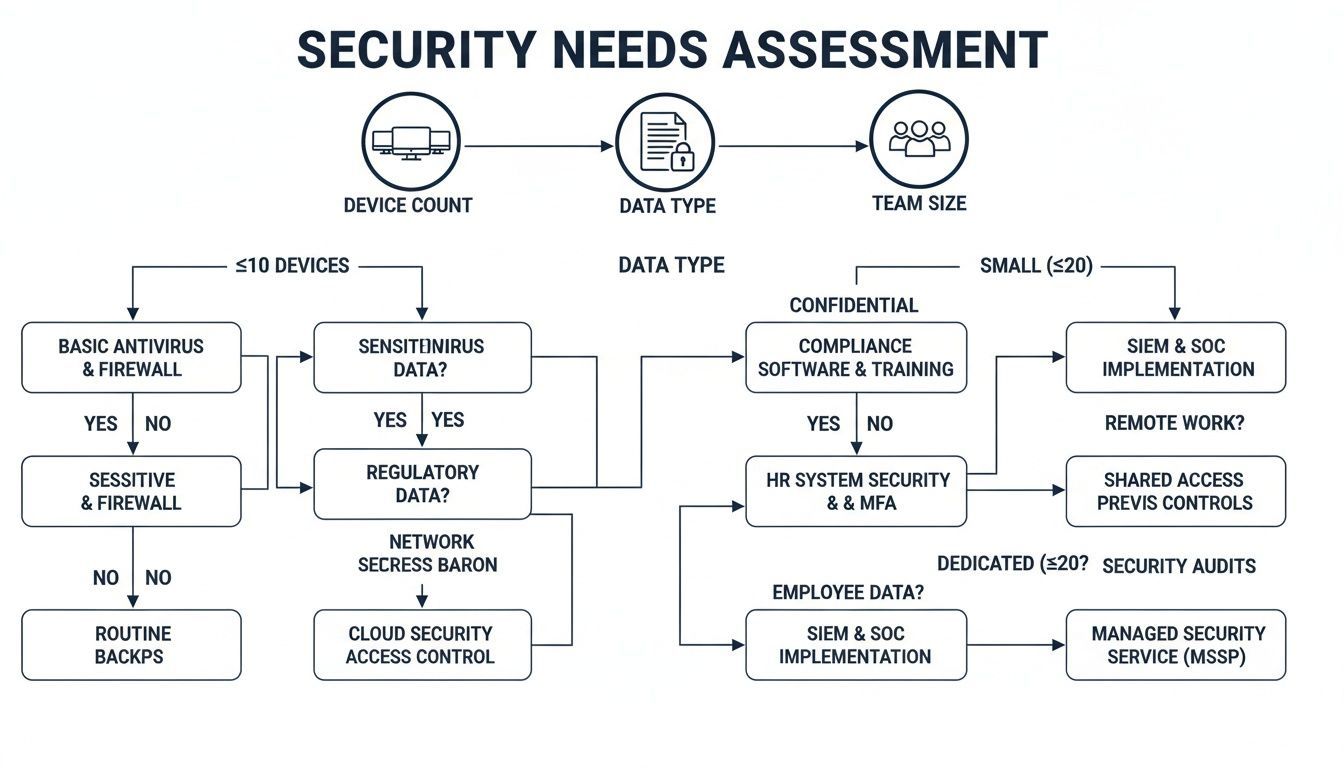 Flowchart detailing a security needs assessment based on device count, data type, and team size.