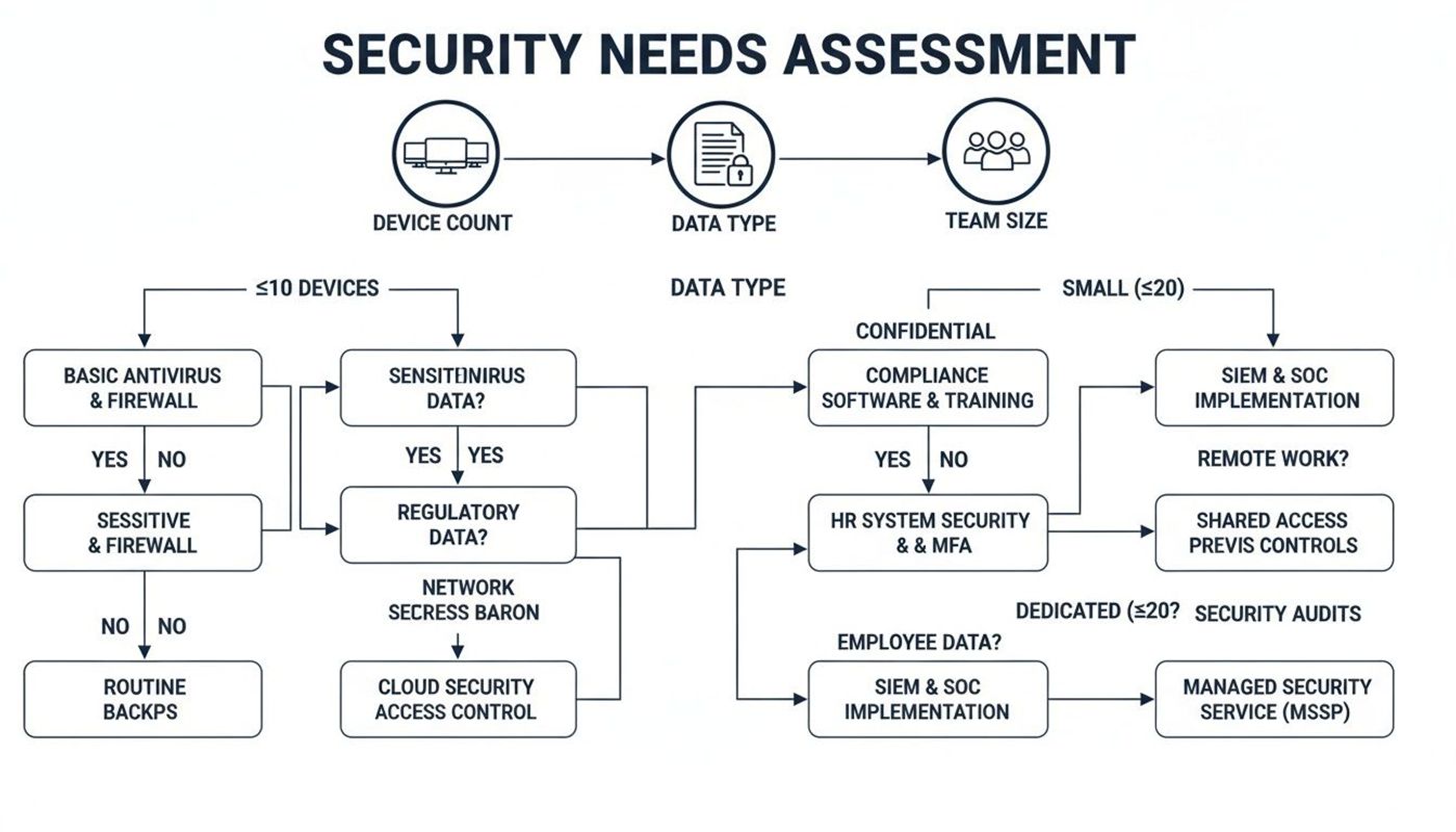 Flowchart detailing a security needs assessment based on device count, data type, and team size.