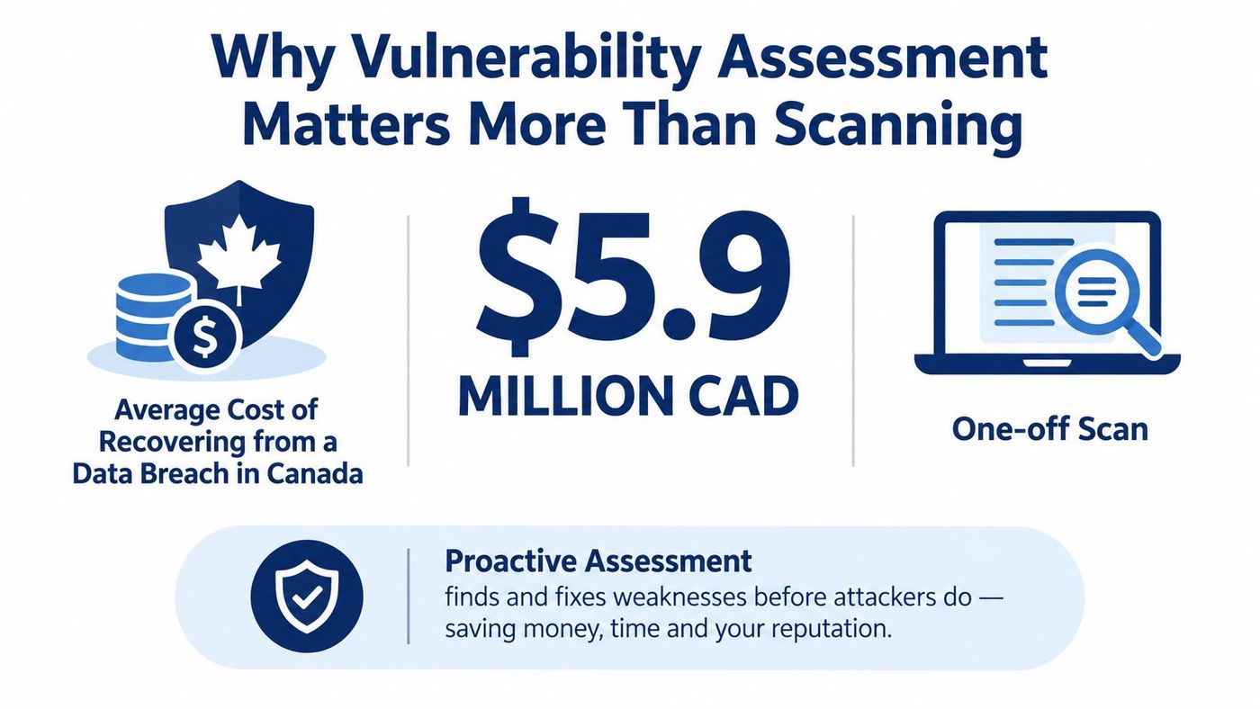 An infographic showing that proactive vulnerability assessment saves costs compared to a simple one-off security scan.