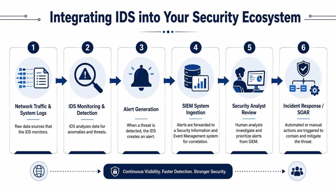 A six-step infographic illustrating the process of integrating intrusion detection systems into a security infrastructure.
