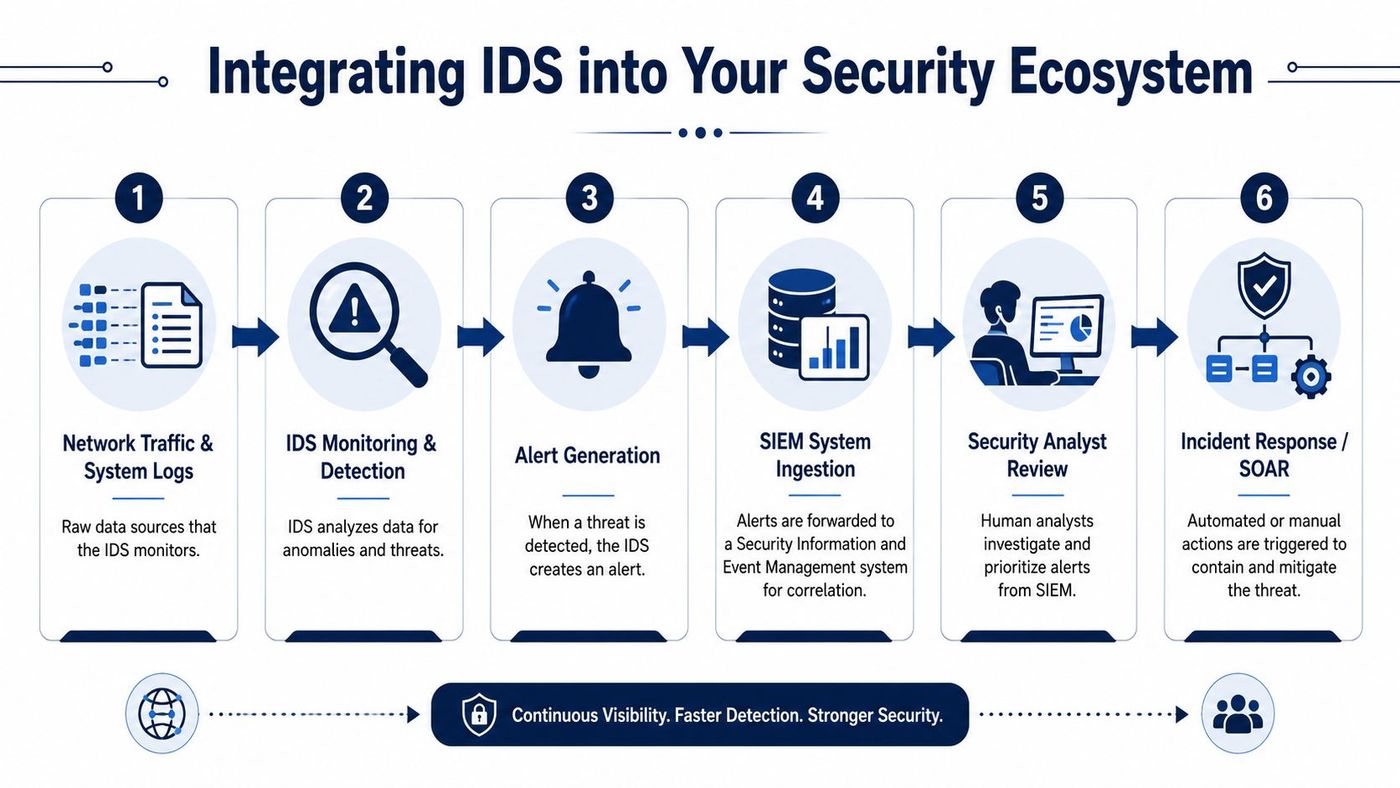 A six-step infographic illustrating the process of integrating intrusion detection systems into a security infrastructure.