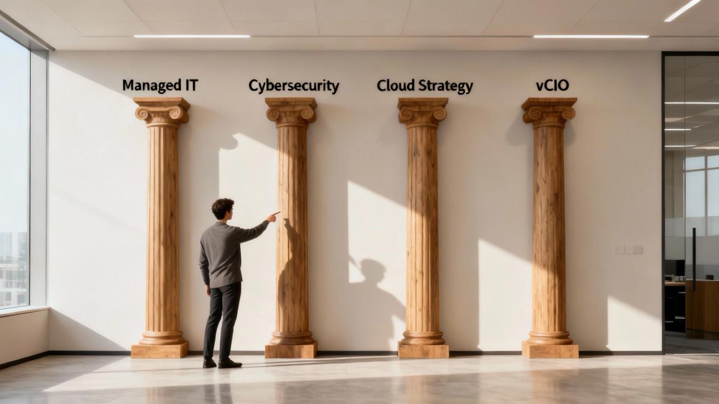 An IT consultant presents a strategic roadmap on a digital whiteboard to a group of business leaders.