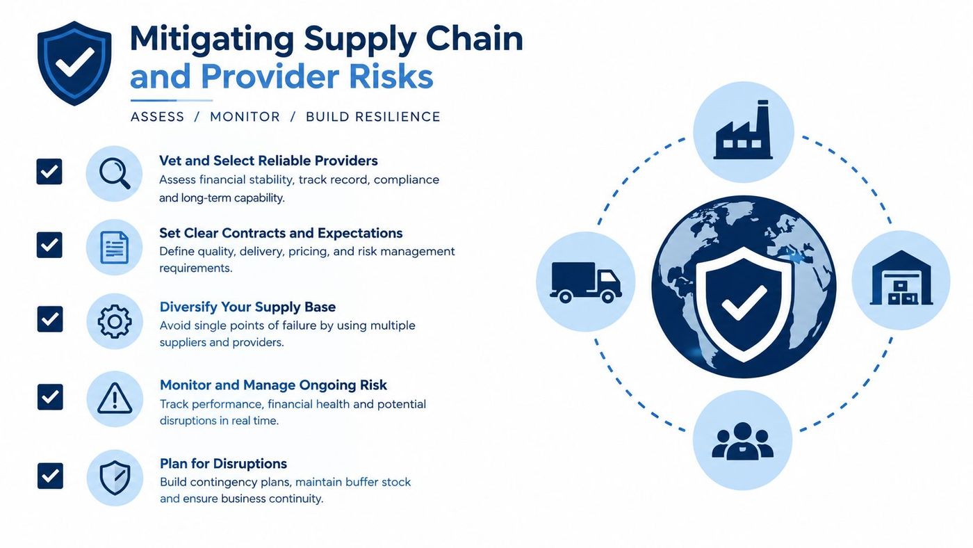 A diagram illustrating five essential strategies for mitigating supply chain and provider risks in business.