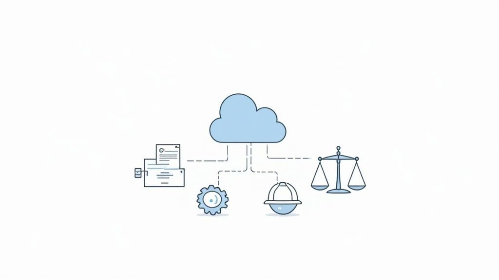 A light blue cloud computing icon connected by dashed lines to icons representing documents, a gear, a hard hat, and a balance scale.
