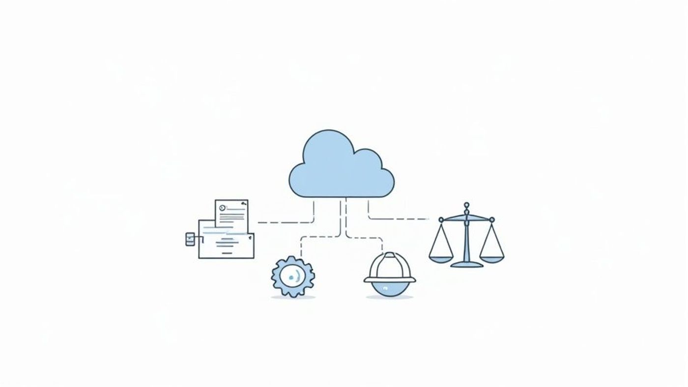 A light blue cloud computing icon connected by dashed lines to icons representing documents, a gear, a hard hat, and a balance scale.