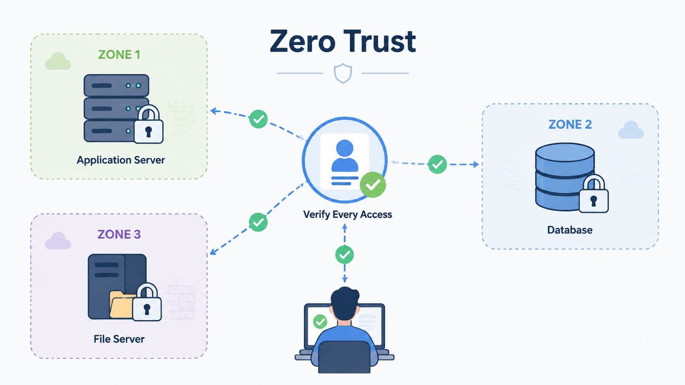 A diagram illustrating Zero Trust network security, showing a user verifying access to servers and databases.