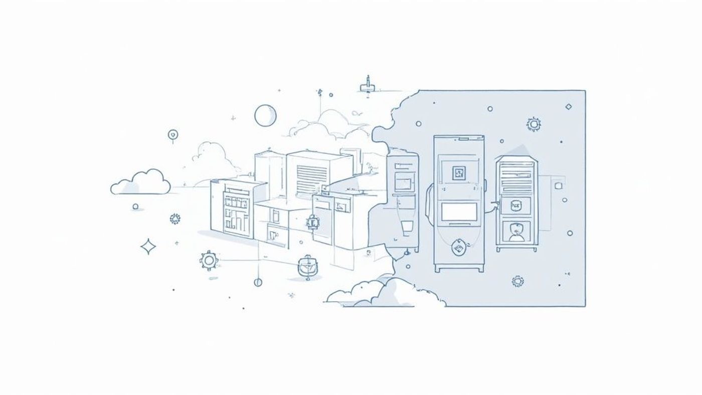 Line art illustration showing IT infrastructure with servers, cloud computing, and digital technology elements