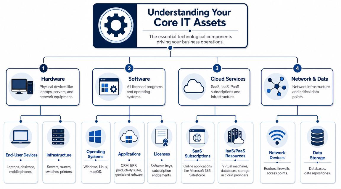 An infographic titled Understanding Your Core IT Assets, detailing hardware, software, cloud services, and network data categories.