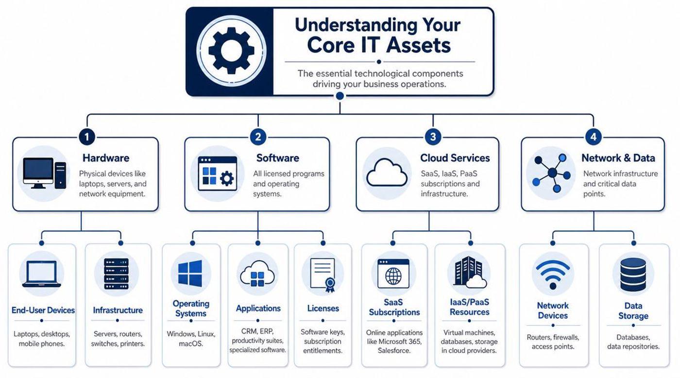 An infographic titled Understanding Your Core IT Assets, detailing hardware, software, cloud services, and network data categories.