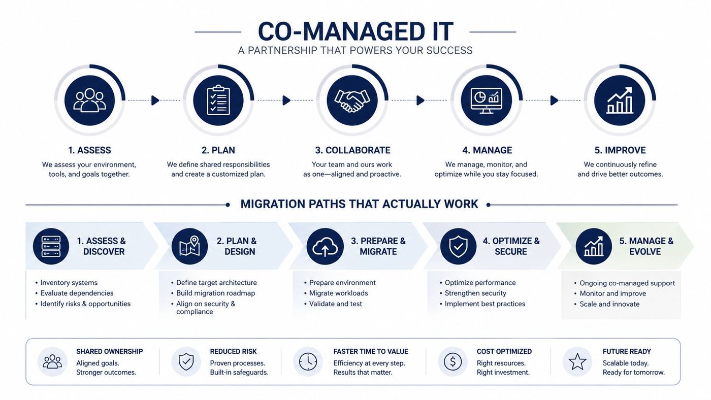 A flowchart infographic detailing the five-step co-managed IT partnership process and migration paths for business success.