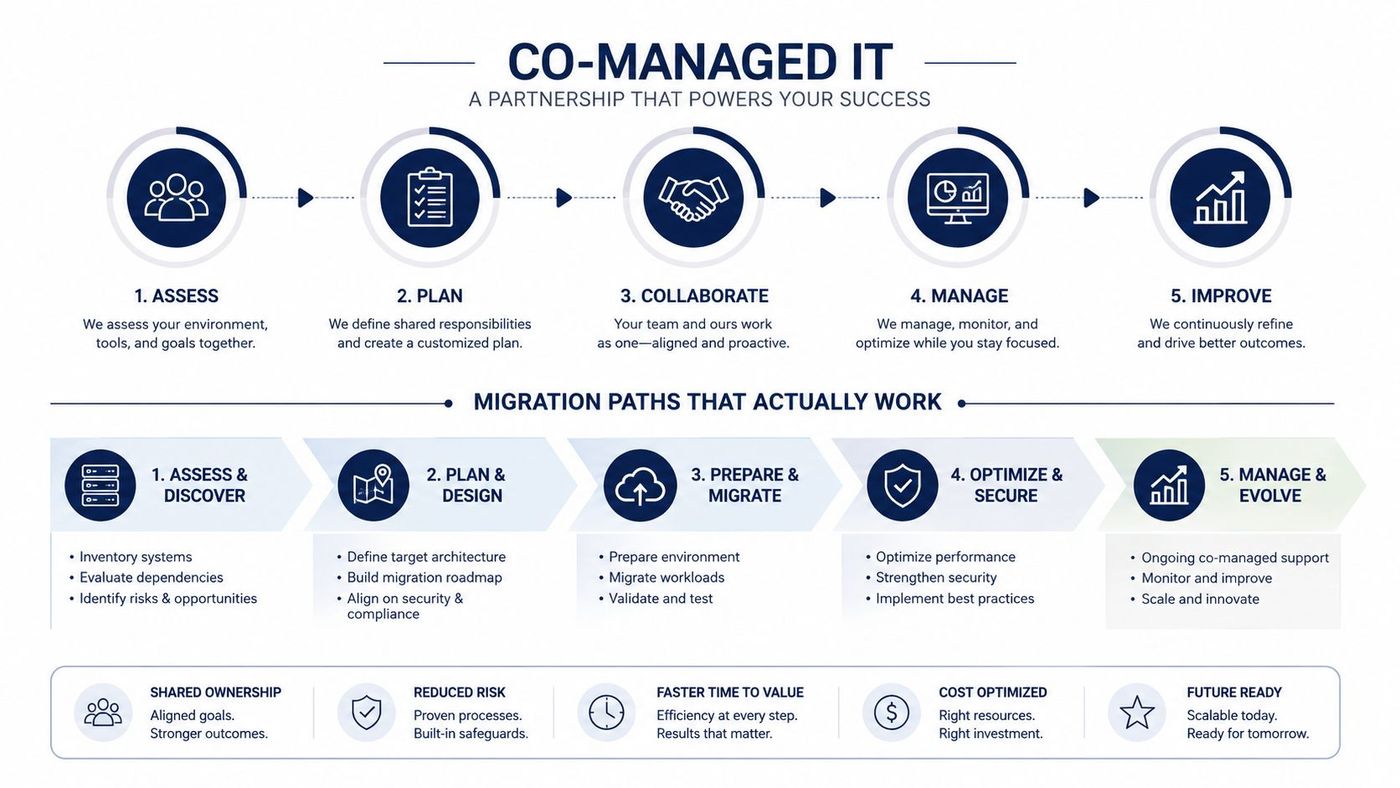 A flowchart infographic detailing the five-step co-managed IT partnership process and migration paths for business success.