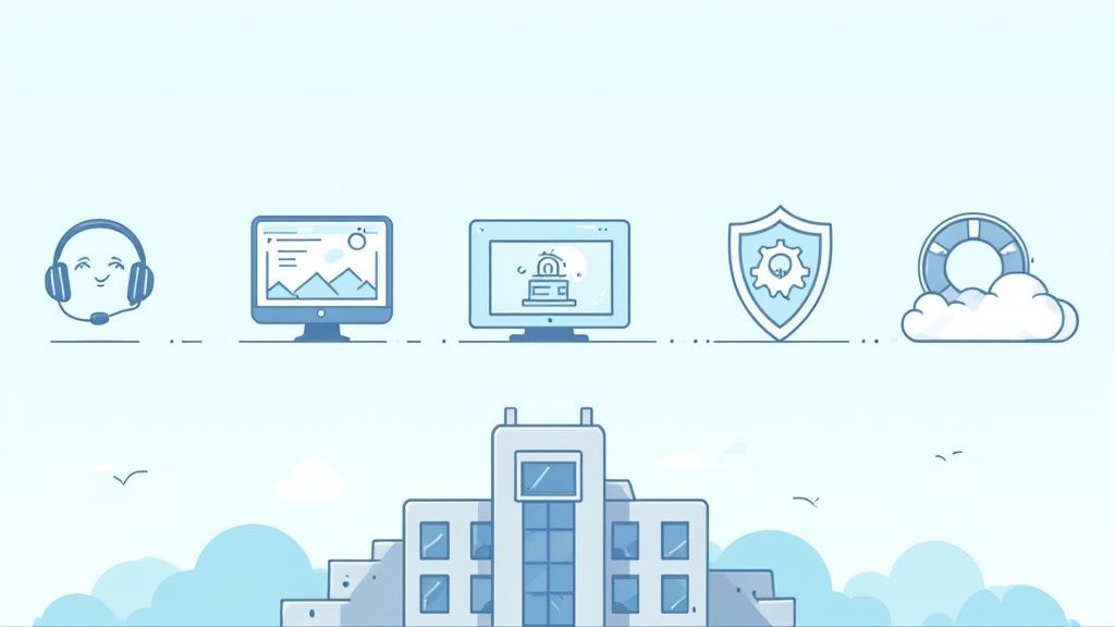 IT support services illustrated with icons for customer service, analytics, security, and cloud computing