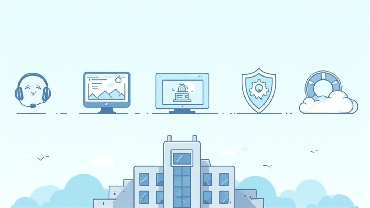 IT support services illustrated with icons for customer service, analytics, security, and cloud computing