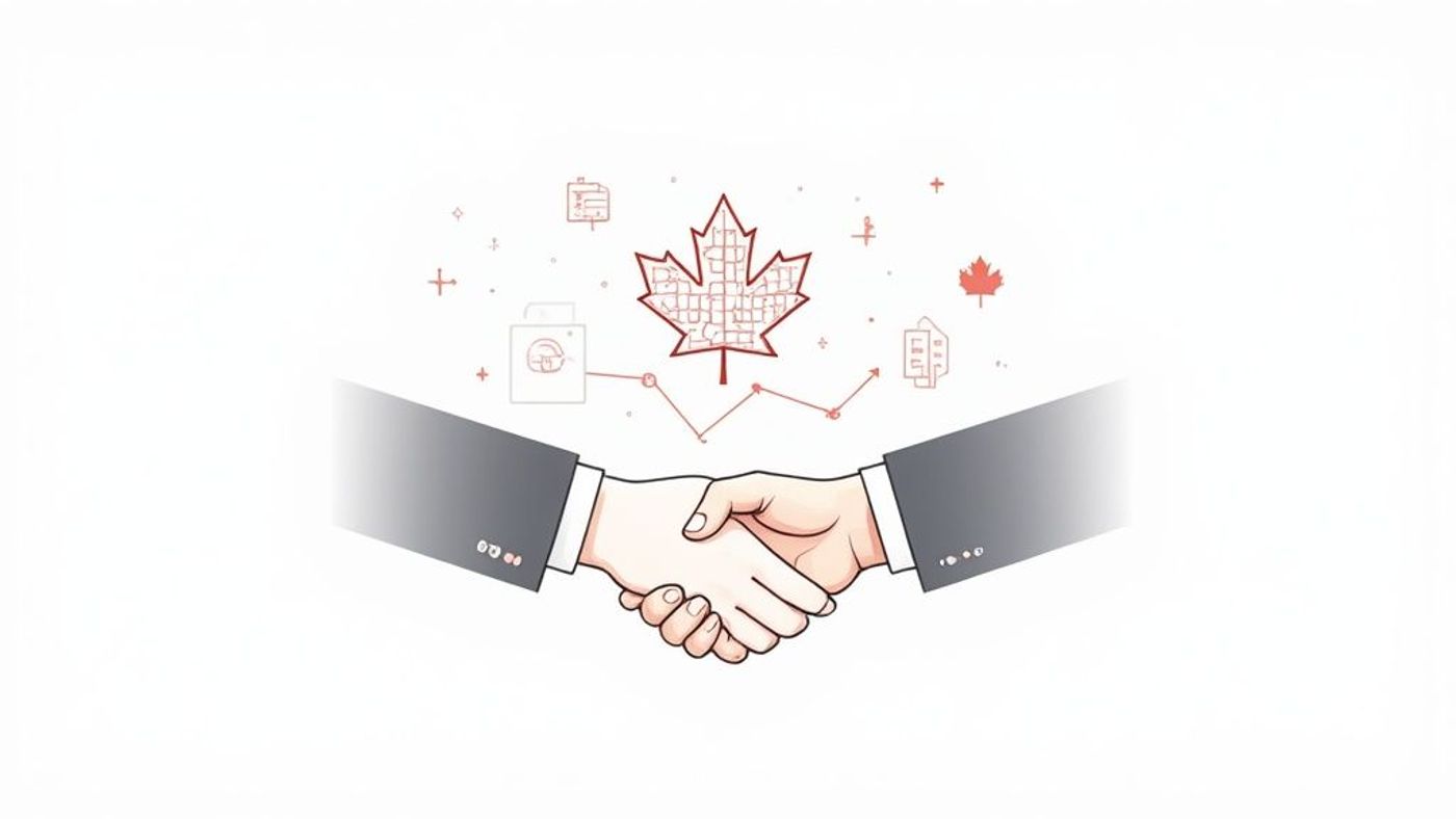 Two hands shaking in a business deal under a Canadian maple leaf, surrounded by commerce icons.