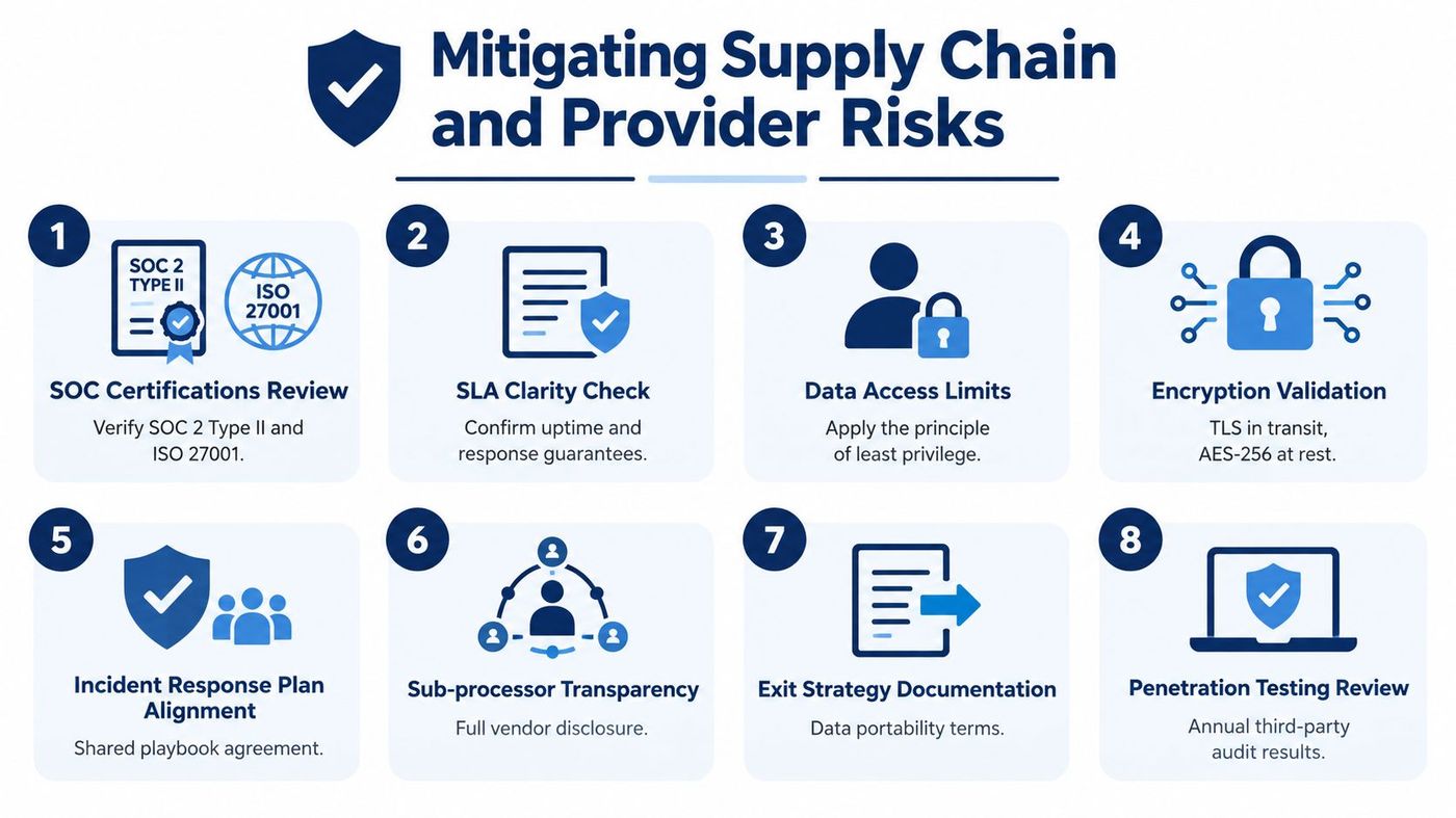 A diagram outlining eight key steps for mitigating supply chain and provider security risks in business.