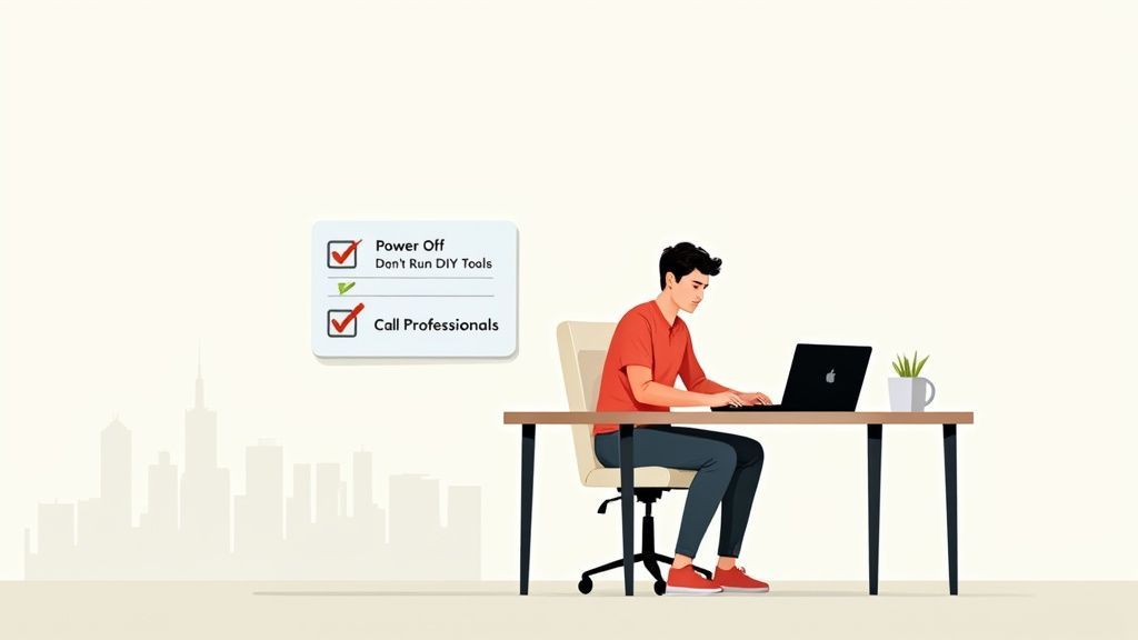 Illustration of a man working on a laptop with a checklist advising to power off and call professionals.